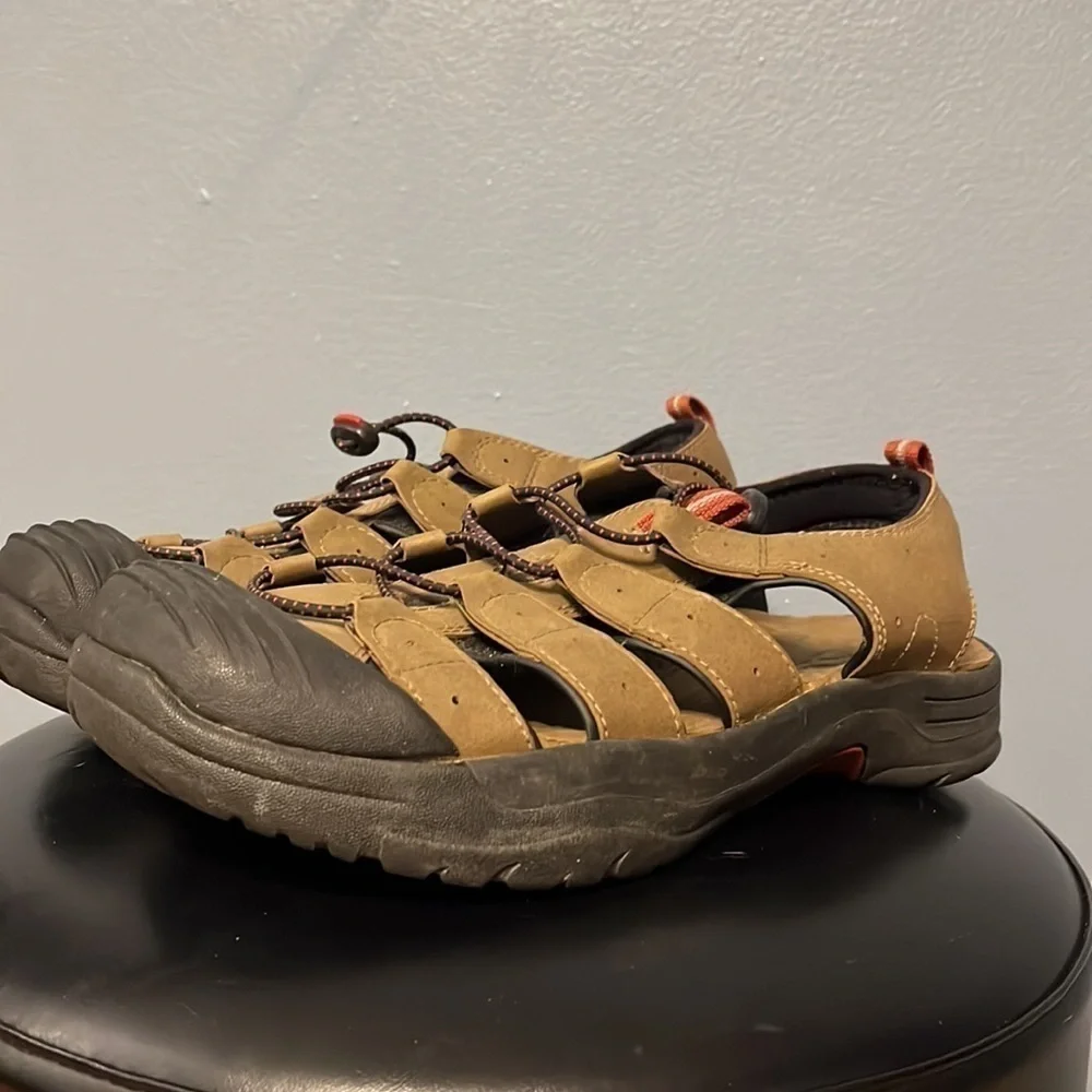 Ozark Trail Closed Toe, Open Sides Sandals Color is Tan, Mens size 9